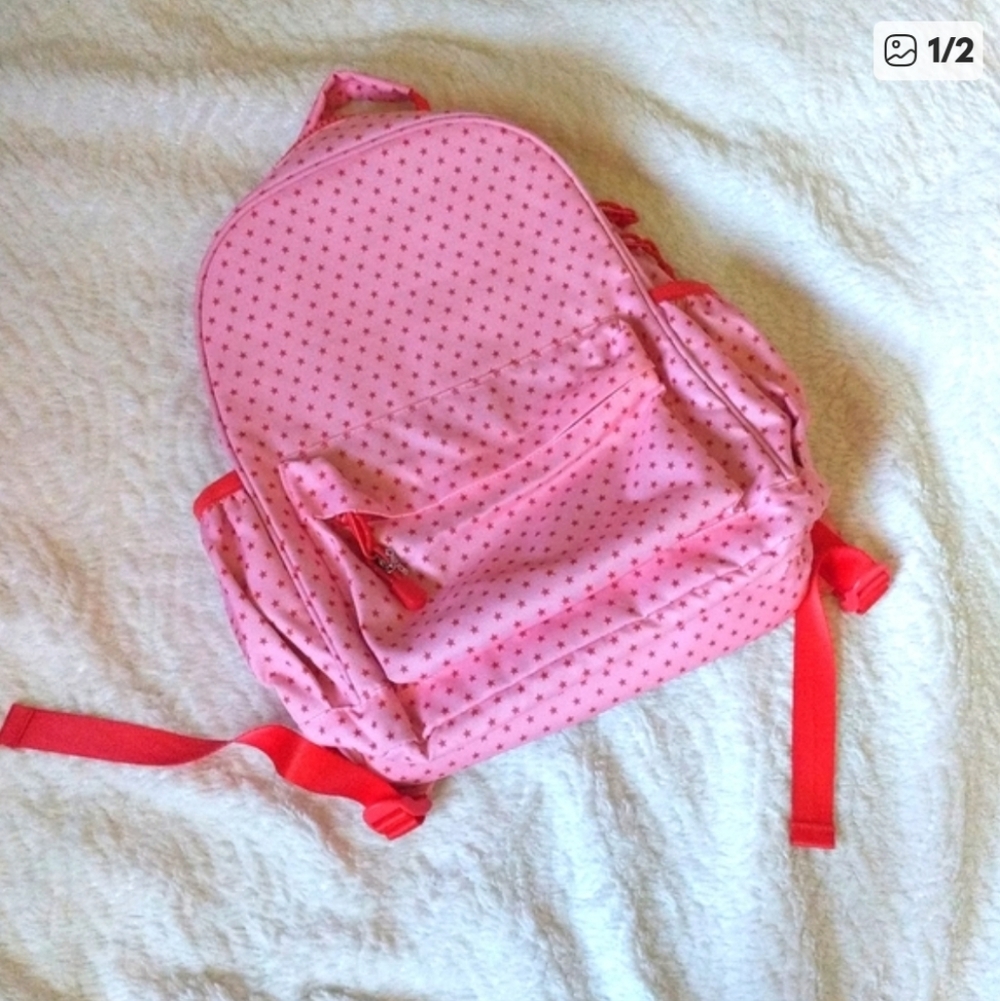 Crate&Barrel Pink Backpack with Red Star Dots